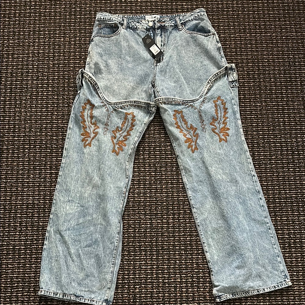 Fashion Nova Light Blue Jeans with Brown Embroidery